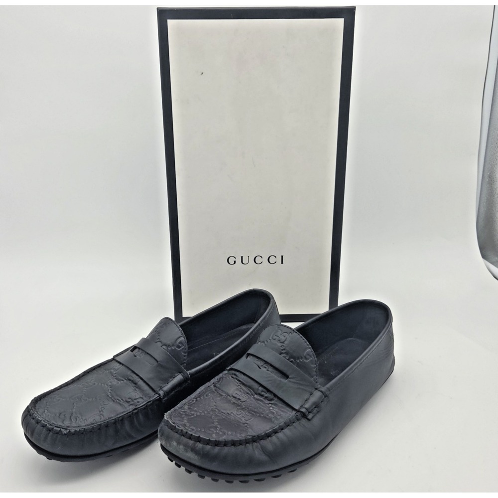 Gucci Guccissima San Marino Driving Shoes Black Leather Mens Penny‎ Loafer Sz 8